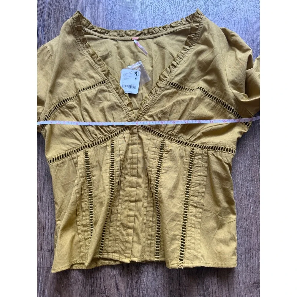 Free‎ People Lemon Party Smocked Waist Blouse Gold Cotton Lace Top Large